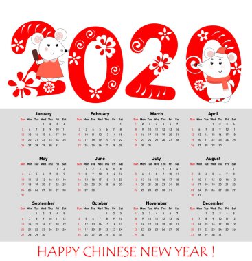 Sıçan yılı 2020 vektör takvimi ile her ay için farelerin elle çizilmiş illustartions ve el yazılı işaretler. Fare yılı. Hafta Pazar günü başlar.