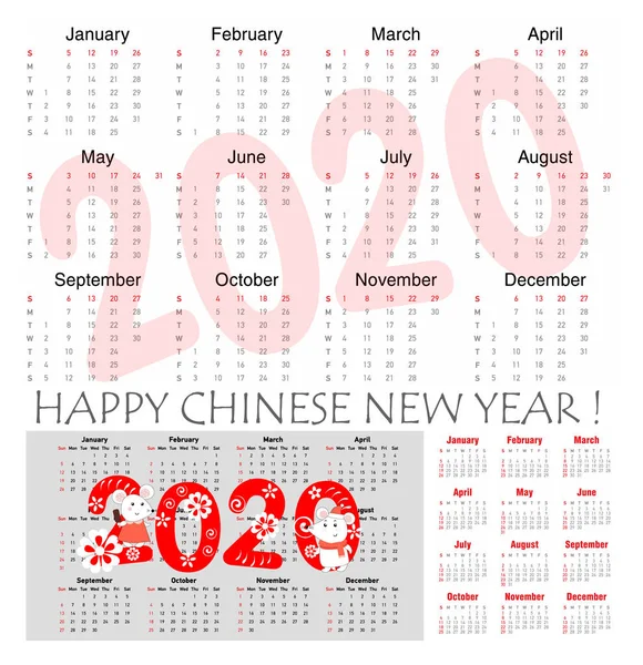 鼠年2020矢量日历，手绘的老鼠每月的图和手写的符号。鼠年。周从星期日开始. — 图库矢量图片