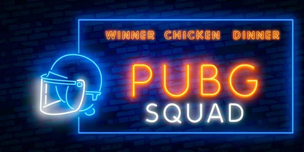 Spel Battle Grounds neon teken, heldere signboard, lichte banner, Pubg. Vector illustratie logo en tekst winnaar winnaar kip diner. het winnen van pubg tekst — Stockvector