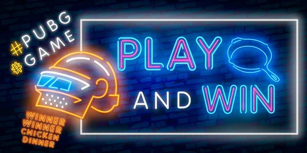 Joc Battle Grounds semn de neon, panou luminos, banner luminos, PUBG. Logo ilustrație vectorială și text Câștigător cină de pui. câștigătoare pubg text — Vector de stoc