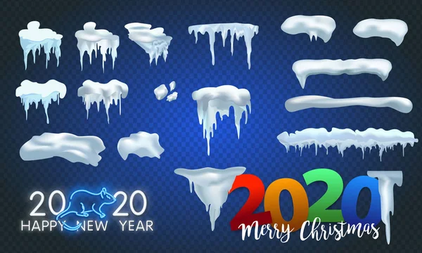 Grand ensemble de glaçons de neige et de calotte neigeuse isolé. Caricature éléments neigeux sur fond d'hiver. Noël, texture de neige, éléments blancs, neige vectorielle de vacances . — Image vectorielle