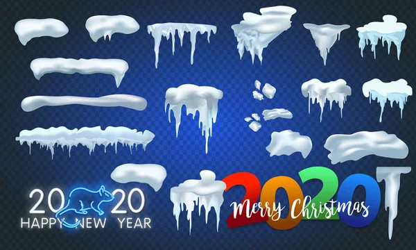 Grand ensemble de glaçons de neige et de calotte neigeuse isolé. Caricature éléments neigeux sur fond d'hiver. Noël, texture de neige, éléments blancs, neige vectorielle de vacances . — Image vectorielle