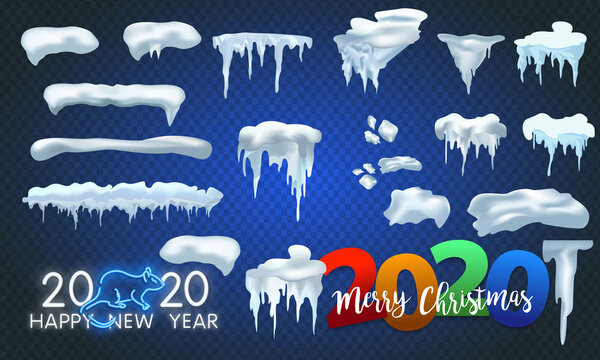 Big set of snow icicles and snow cap isolated. Cartoon snowy elements over winter background. Christmas, snow texture, white elements, holiday vector snow.