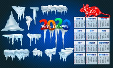 2020 Vektör toplama kar kapakları, kazık, buz sarkıtları, arka planda izole, şeffaf, buz, kartopu ve kar drift. 3d Kış süslemeleri, 2020 Noel, kar doku, beyaz elemanları, tatil vecto