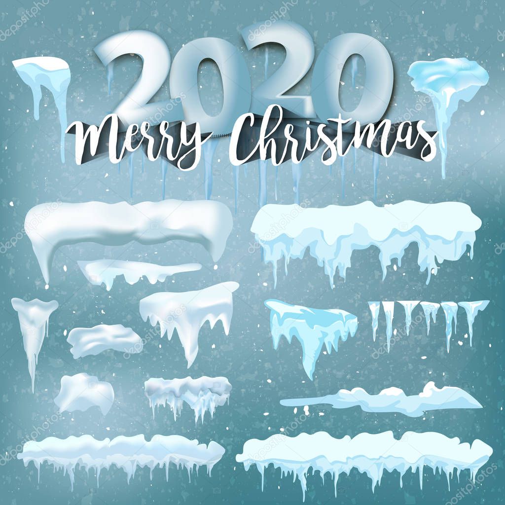 2020 Vector collection of snow caps, pile, icicles, isolated on background, transparent, ice, snowball and snowdrift. 3d Winter decorations, 2020 Christmas, snow texture, white elements, holiday vecto