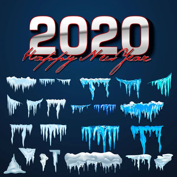 2020 Vector kolekcja czapki śniegu, stos, sople, izolowane na tle, przezroczyste, lód, Snowball i snowdrift. 3D dekoracje zimowe, 2020 Boże Narodzenie, tekstura śniegu, białe elementy, wakacje vecto — Wektor stockowy