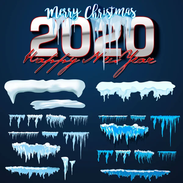 2020 Vetor coleção de bonés de neve, pilha, icicles, isolado em fundo, transparente, gelo, bola de neve e snowdrift. 3d decorações de inverno, 2020 Natal, textura de neve, elementos brancos, vecto de férias —  Vetores de Stock