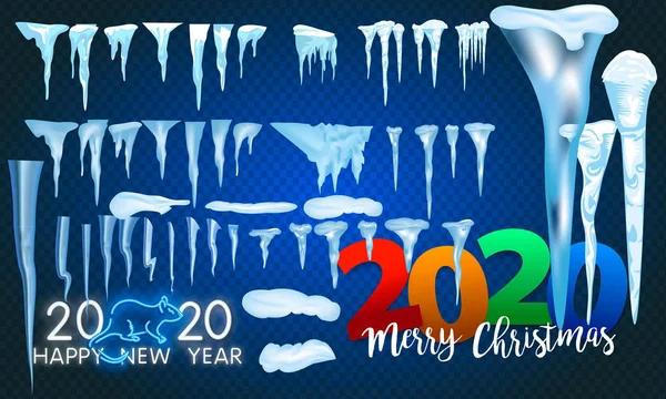 2020 Winterdekoration Set von Eiszapfen, Schneekappe isoliert. schneebedeckte Elemente auf winterlichem Hintergrund. 2020 Weihnachtsvektor Schnee-Vorlage im Cartoon-Stil — Stockvektor