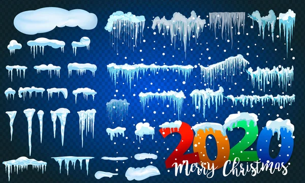 2020 зимові прикраси Набір снігових бурульок, снігова шапка ізольовані. Снігові елементи на зимовому тлі. 2020 Різдвяний векторний сніговий шаблон у мультиплікаційному стилі — стоковий вектор
