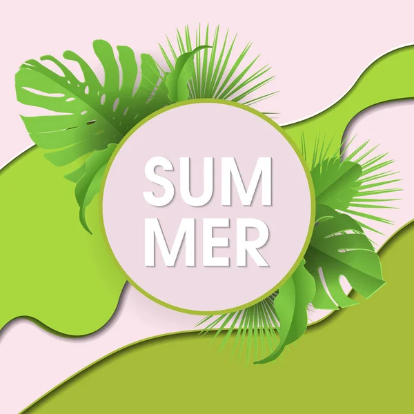 Summer abstract geometric background with palm leaves and clouds. Tropical backdrop. Sale banner, poster with palm leaves, jungle leaf and handwriting lettering. Floral tropical summer background. Vec — ストックベクタ