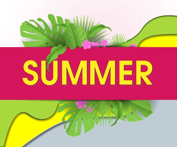 Summer abstract geometric background with palm leaves and clouds. Tropical backdrop. Sale banner, poster with palm leaves, jungle leaf and handwriting lettering. Floral tropical summer background. Vec — Διανυσματικό Αρχείο