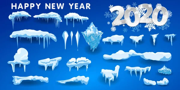 2020 Kar kapakları, kartopları ve kar yığınları ayarlayın. Kar kapağı vektör koleksiyonu. Kış dekorasyon unsuru. Kış arka plan üzerinde karlı elemanları. Karikatür şablonu. Kar yağışı ve kar taneleri hareket halinde. — Stok Vektör