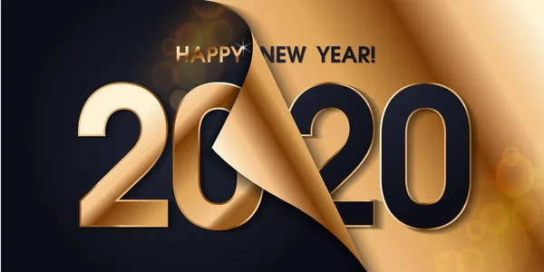2020 Happy New Year gouden promotie poster of banner met open gift wrap papier. Verandering of open naar New Year 2020 concept. Promotie en shopping template voor Nieuwjaar. vector Eps10 — Stockvector