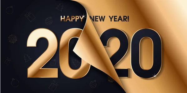 2020 Happy New Year gouden promotie poster of banner met open gift wrap papier. Verandering of open naar New Year 2020 concept. Promotie en shopping template voor Nieuwjaar. vector Eps10 — Stockvector