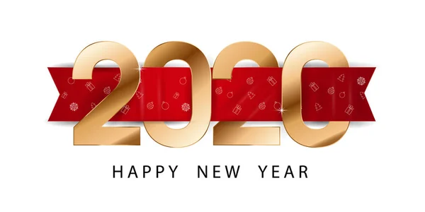 2020 Happy New Year achtergrond voor uw seizoensgebonden flyers en wenskaart of kerst thema uitnodigingen. Gelukkig Nieuwjaar 2020. Gouden nummers met linten — Stockvector