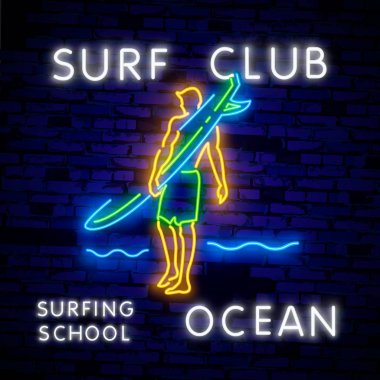 Neon Style Sörf Posteri. Surf Club veya Shop için Parlayan İşaret. Brick Wall Arka Plan Üzerinde Surfboards Elektrik Simgeler. Ekstrem spor, aktivite ve eğlence tasarımı. Gece neon işareti, renkli billboard