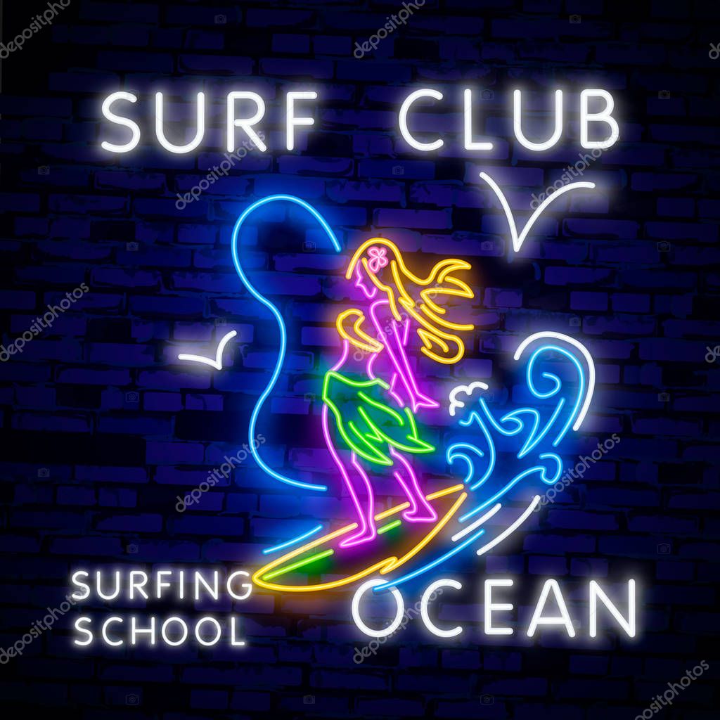 Surfing Poster in Neon Style. Glowing Sign for Surf Club or Shop. Surfboards Electric Icons on Brick Wall Background. Vector Illustration.