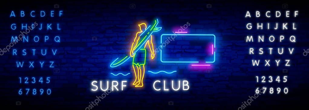 Surfing Poster in Neon Style. Glowing Sign for Surf Club or Shop. Surfboards Electric Icons on Brick Wall Background. Vector Illustration.