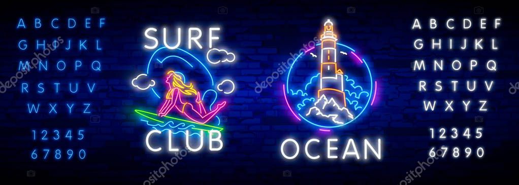 Surfing Poster in Neon Style. Glowing Sign for Surf Club or Shop. Surfboards Electric Icons on Brick Wall Background. Vector Illustration.
