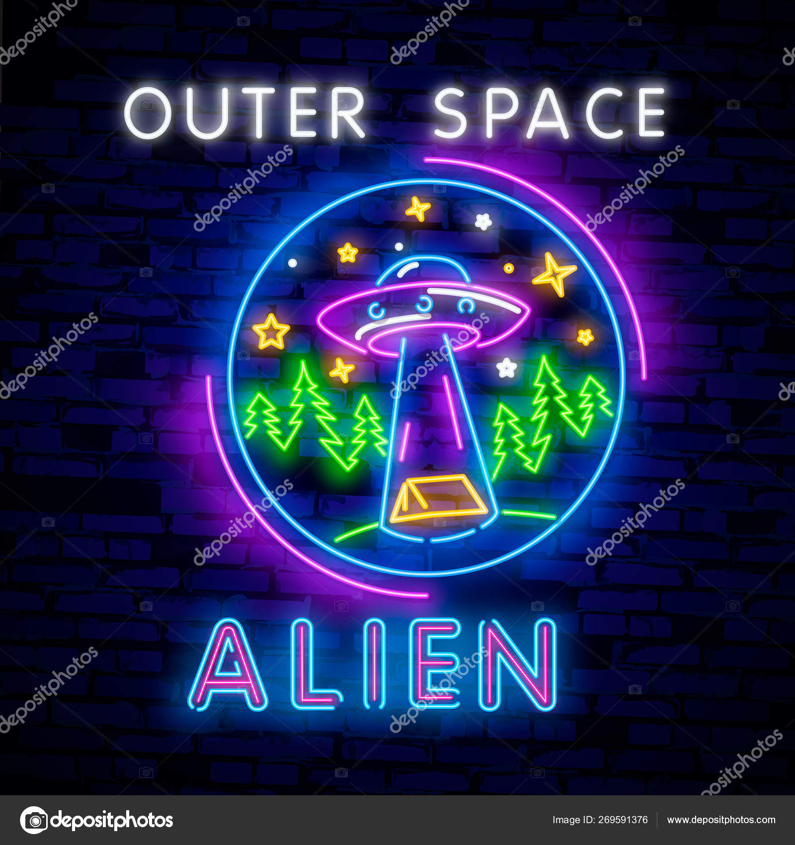 スペースネオンサインUFO。レトロなネオン。コズミックテーマ