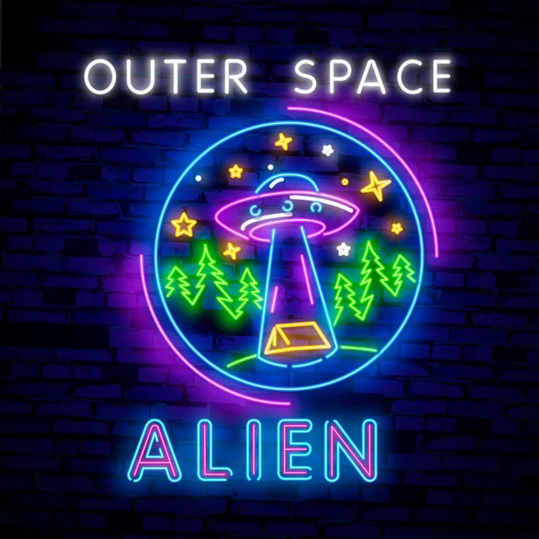 Ruimte neon teken UFO. Retro neon. Kosmische thema ontwerpsjabloon concept. Neon banner achtergrond ontwerp, nacht symbool, moderne trend ontwerp. Vectro illustratie — Gratis stockfoto