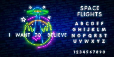 Ufo dünya günü neon işareti vektör tasarım şablonu. Yabancılar neon logosu, ışık afiş tasarım elemanı renkli modern tasarım trendi, gece parlak reklam, parlak işareti. Vektör çizimi.