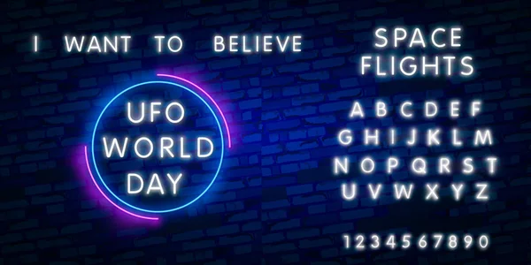 UFO world day neon sign vector design template. Aliens neon logo, light banner design element colorful modern design trend, night bright advertising, bright sign. Vector illustration. — Stock Vector