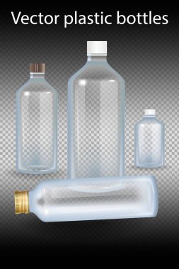 Vektör plastik şişeler. Alfa şeffaf arka plan üzerinde maden suyu ile Plastik şişe. Fotoğraf gerçekçi şişe mockup vektör illüstrasyon.