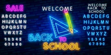 Okula hoş geldin kartı tasarım şablonu neon vektörü. Modern trend tasarımı, okul yılının ilk ışıkları. Tebrik kartı, davetiye posteri için okula dönüyorum. Vektör