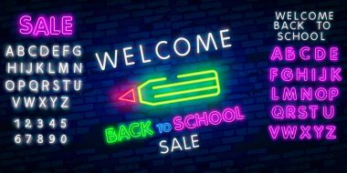 Okula hoş geldin kartı tasarım şablonu neon vektörü. Modern trend tasarımı, okul yılının ilk ışıkları. Tebrik kartı, davetiye posteri için okula dönüyorum. Vektör