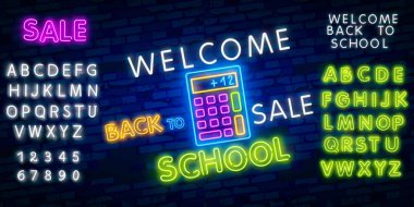 Okula hoş geldin kartı tasarım şablonu neon vektörü. Modern trend tasarımı, okul yılının ilk ışıkları. Tebrik kartı, davetiye posteri için okula dönüyorum. Vektör