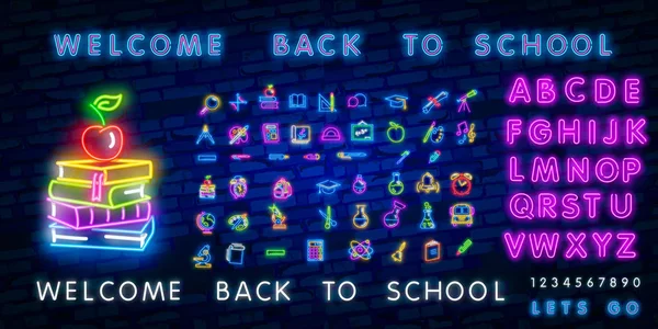 Terug naar School Welkom wenskaart ontwerp template neon vector. Modern trenddesign, het begin van het schooljaar neon teken. Terug naar school voor wenskaart, uitnodigingsposter. Vector — Stockvector