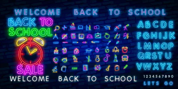 Terug naar School Welkom wenskaart ontwerp template neon vector. Modern trenddesign, het begin van het schooljaar neon teken. Terug naar school voor wenskaart, uitnodigingsposter. Vector — Stockvector