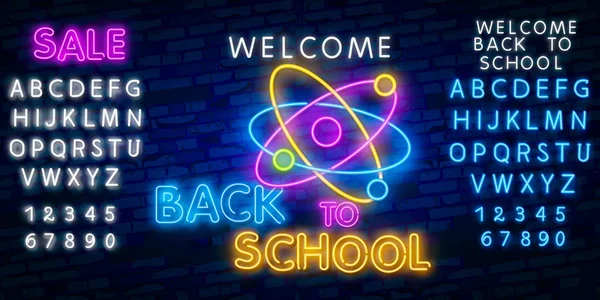 Terug naar School Welkom wenskaart ontwerp template neon vector. Modern trenddesign, het begin van het schooljaar neon teken. Terug naar school voor wenskaart, uitnodigingsposter. Vector — Stockvector