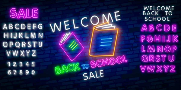 Terug naar School Welkom wenskaart ontwerp template neon vector. Modern trenddesign, het begin van het schooljaar neon teken. Terug naar school voor wenskaart, uitnodigingsposter. Vector — Stockvector