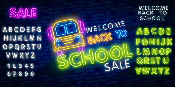 Terug naar School Welkom wenskaart ontwerp template neon vector. Modern trenddesign, het begin van het schooljaar neon teken. Terug naar school voor wenskaart, uitnodigingsposter. Vector — Stockvector