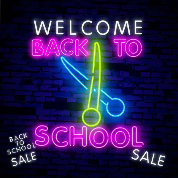 Terug naar School Welkom wenskaart ontwerp template neon vector. Modern trenddesign, het begin van het schooljaar neon teken. Terug naar school voor wenskaart, uitnodigingsposter. Vector — Stockvector