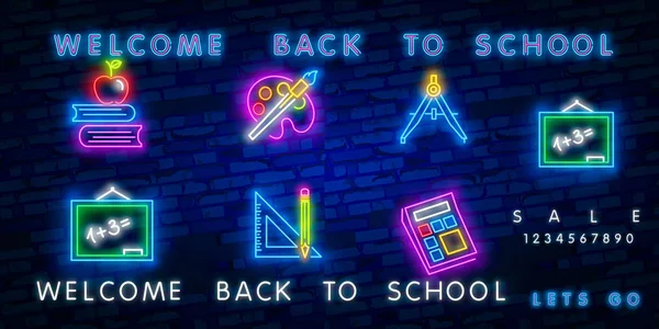 Zurück zur Schule Grußkarte Design-Vorlage Neon-Vektor. Modernes Trenddesign, zum Schuljahresbeginn Leuchtreklame. Zurück zur Schule für Grußkarte, Einladungsplakat. Vektor — Stockvektor