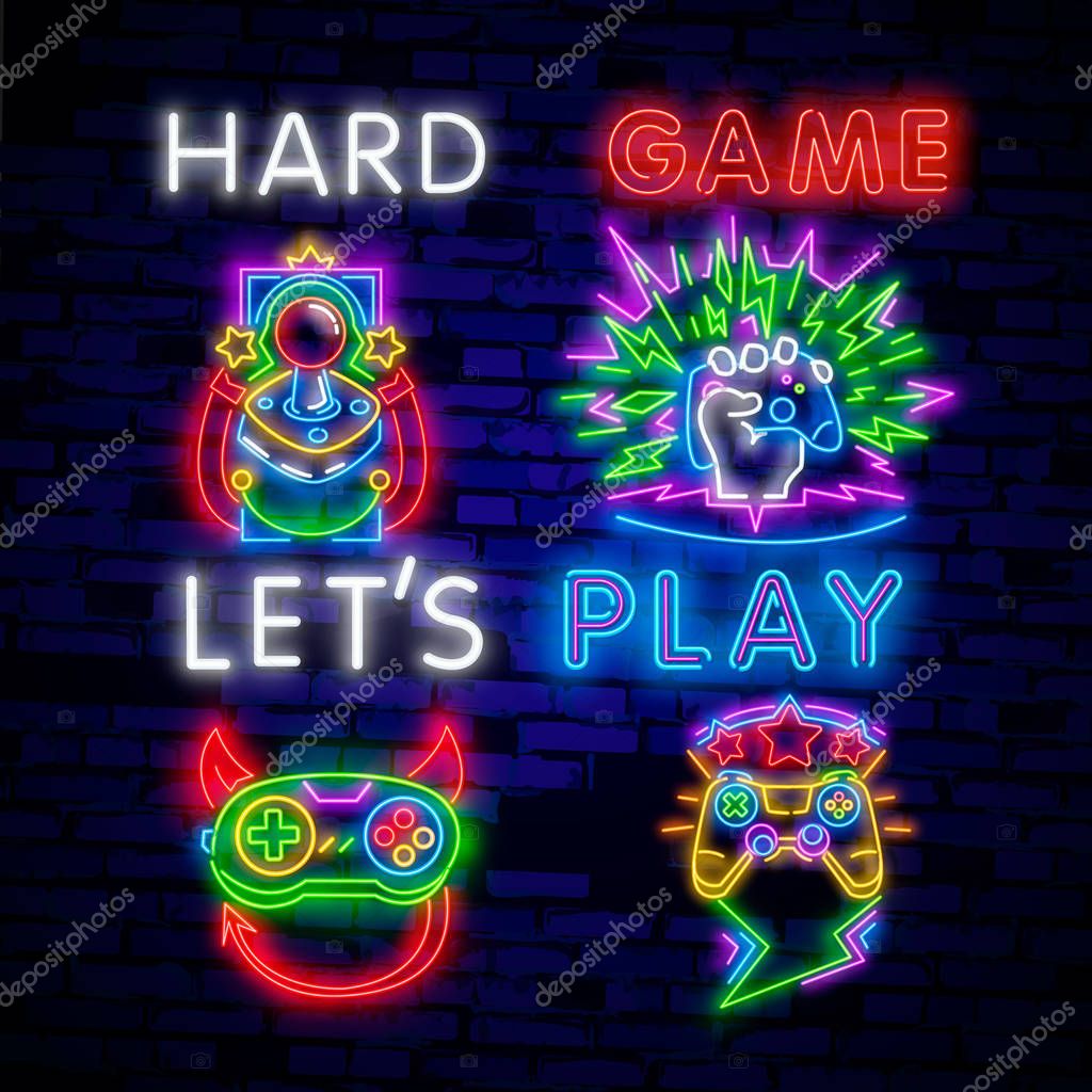 Big set neon sing. Game room label and logo. Gamer banner, logo, emblem and label. Bright signboard, light banner. Game logo.