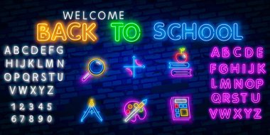 Okula hoş geldin kartı tasarım şablonu neon vektörü. Modern trend tasarımı, okul yılının ilk ışıkları. Tebrik kartı, davetiye posteri için okula dönüyorum. Vektör