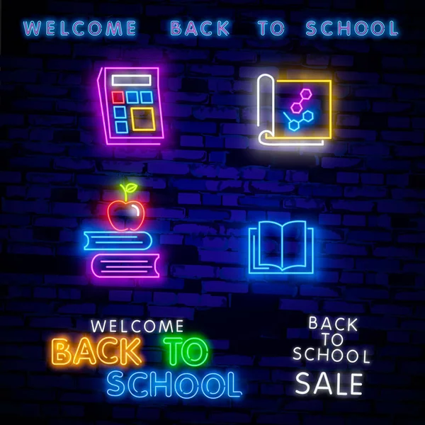 Okula hoş geldin kartı tasarım şablonu neon vektörü. Modern trend tasarımı, okul yılının ilk ışıkları. Tebrik kartı, davetiye posteri için okula dönüyorum. Vektör — Stok Vektör