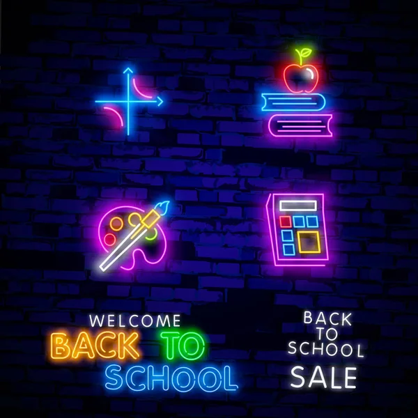 Okula hoş geldin kartı tasarım şablonu neon vektörü. Modern trend tasarımı, okul yılının ilk ışıkları. Tebrik kartı, davetiye posteri için okula dönüyorum. Vektör — Ücretsiz Stok Fotoğraf
