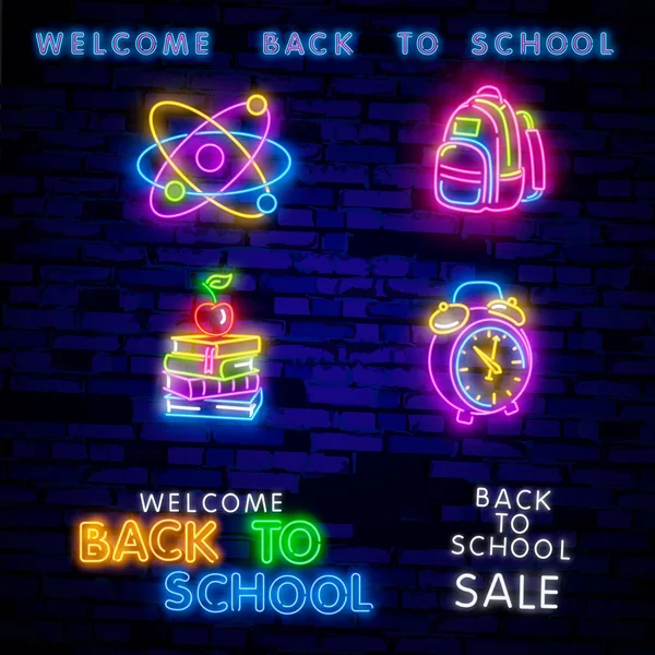 Zurück zur Schule Grußkarte Design-Vorlage Neon-Vektor. Modernes Trenddesign, zum Schuljahresbeginn Leuchtreklame. Zurück zur Schule für Grußkarte, Einladungsplakat. Vektor — Stockvektor