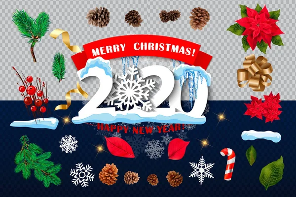 2020 Joyeux temps de Noël, set de décoration du Nouvel An. branches de sapin pruce, cônes de pin, baies rouges, fleur de poinsettia, houx, rubans, lettre.Composition des vacances, couronne. Illustration vectorielle, salutation — Image vectorielle