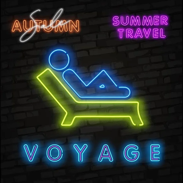 Чемодан Neon Travel, сумка для вещей, летние неоновые иконы. Вектор продвижения отпусков. Неоновый день путешествий и путешествий — стоковый вектор