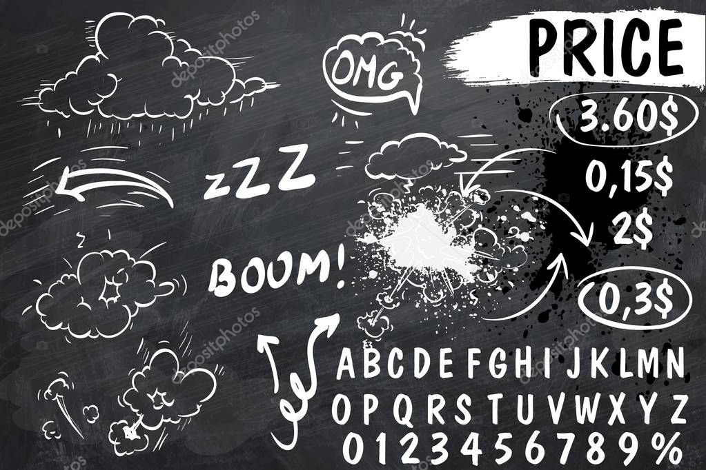 Set of comic style sound symbols with texture. Blackboard style. Vector illustration. Comic smoke. Smoke puffs vfx, energy explosion effect and cartoon blast vector illustration set