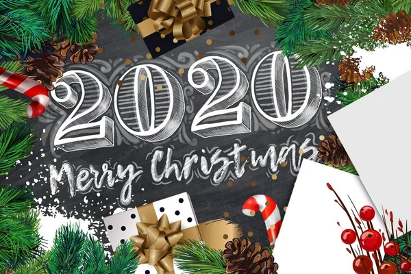 2020 frohe Weihnachten und ein gutes neues Jahr Banner mit weißer Liste, Tannenzweige, Geschenke, Süßigkeiten und Konfetti. Illustration von oben. Vektorhintergrund. — Stockvektor