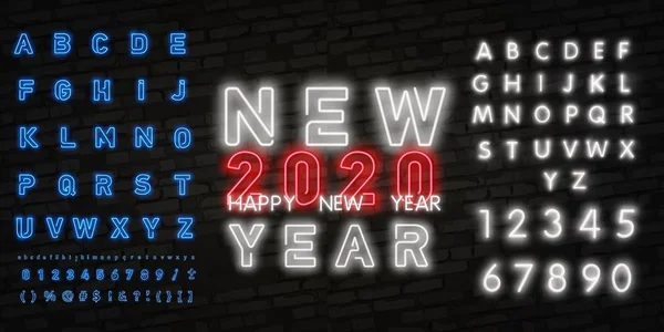 Neonové znamení je šťastný nový rok 2020 na tmavém pozadí s jasným abeced. Lze použít pro přání, pozvání a jiné. Vektorová ilustrace. — Stockový vektor
