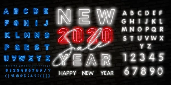 Signo de neón feliz año nuevo 2020 VENTA sobre un fondo oscuro con alfabetos brillantes. Se puede utilizar para la tarjeta de felicitación, invitación y otros. Ilustración vectorial . — Vector de stock