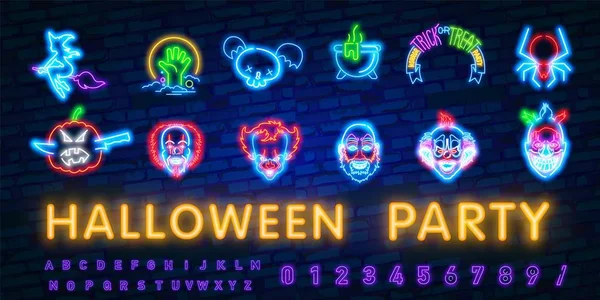 Vetor de sinal de néon de Halloween. Truque ou tratar modelo de design de Halloween com fantasma e web para banner, cartaz, cartão de saudação, convite do partido, banner luz . — Vetor de Stock